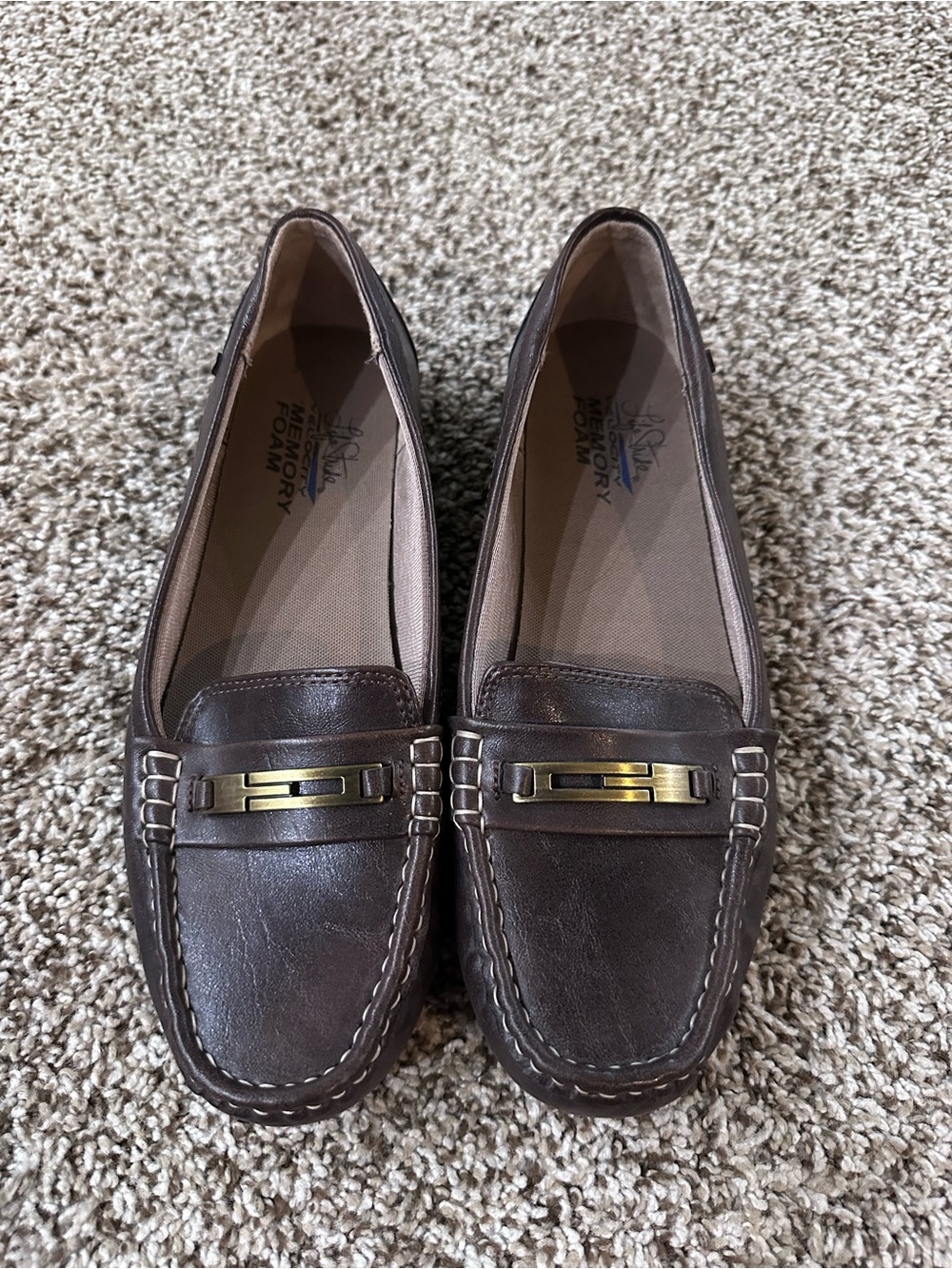 Life Stride Brown Leather Slip-On Loafers with Gold Accent